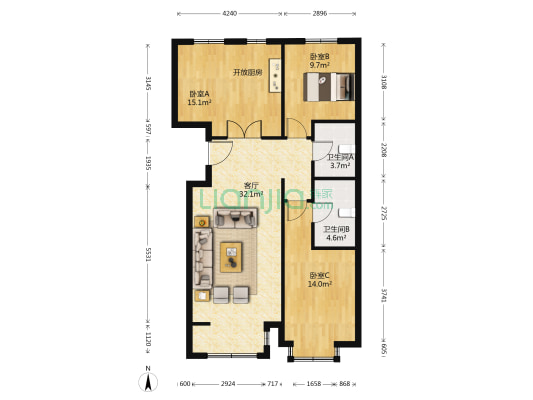  3室1厅2卫 148平方