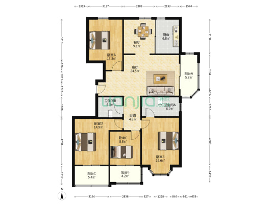 黄海西路 4室2厅2卫 164平方