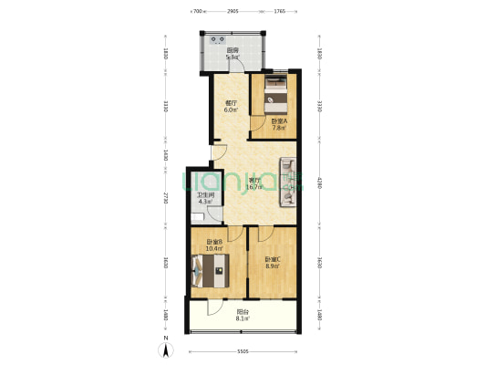 白龙庙小区 3室2厅1卫 88平方