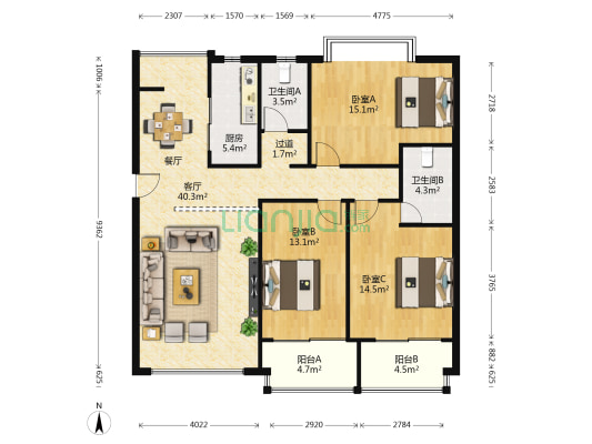 美丽湾 3室1厅2卫 129平方