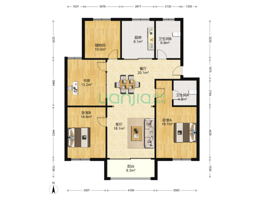 万红三村东区 3室2厅2卫 140平方