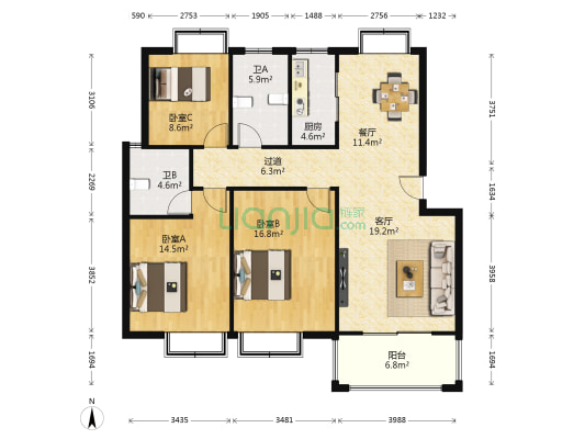 郡望花园南区 3室2厅2卫 131平方