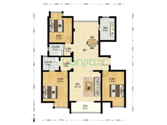 山韵佳苑A区 3室1厅2卫 137平方