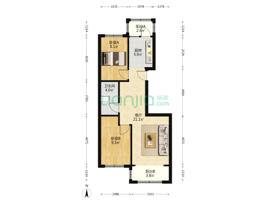 朝阳新居 2室1厅1卫 80平方
