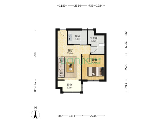 绿地雪莱小镇 1室1厅1卫 54平方
