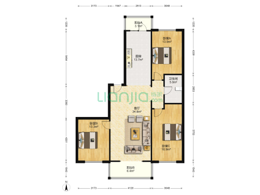 珑瑞小区 3室1厅1卫 138平方