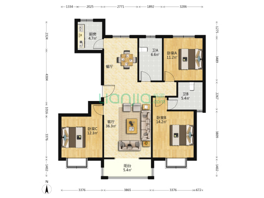 华第城 3室1厅2卫 135平方