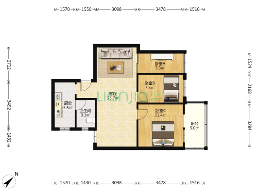 建一石化宿舍 3室1厅1卫 73平方
