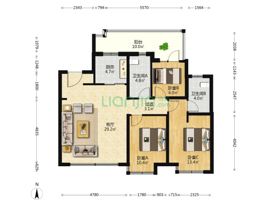 旭辉首府铂辰时代 3室1厅2卫 98平方