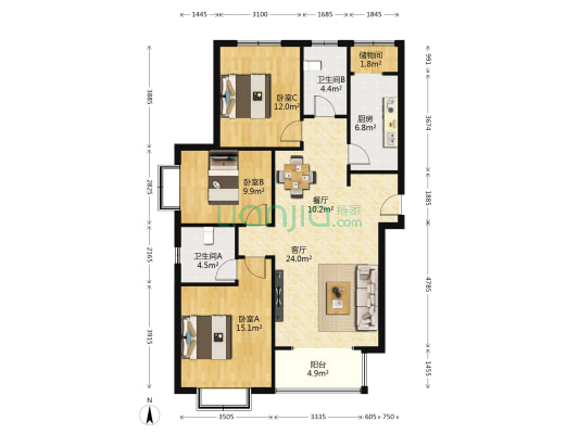 天地荣域 3室2厅2卫 129平方