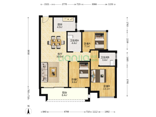 中骏雍景湾南区 3室1厅2卫 95平方