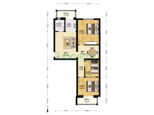 燕大宿舍 3室2厅1卫 85平方