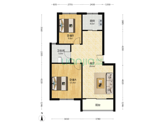 富土家园三期 2室1厅1卫 96平方