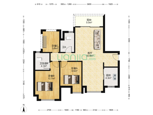 保利中韵花园 3室1厅2卫 91平方