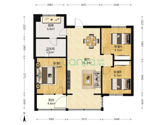 棕南西街5号 3室1厅1卫 98平方