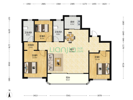 德商彰泰佳兆业翡丽天玺 3室1厅2卫 142平方
