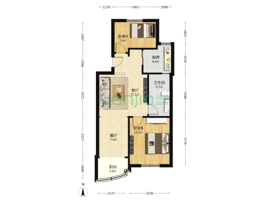 车站新村(曹杨苑) 2室2厅1卫 74平方