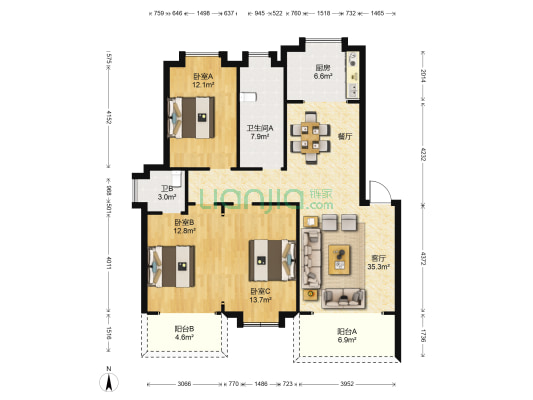 中厚新苑 3室1厅2卫 106平方