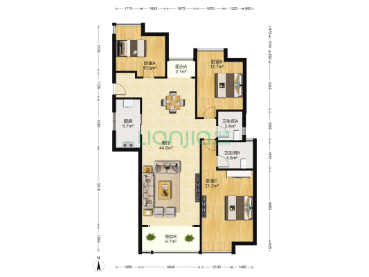 洪大赣江城 3室1厅2卫 135平方