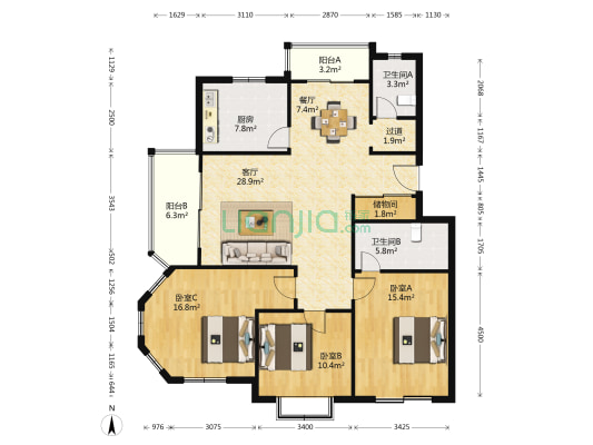 中大丽都 3室2厅2卫 128平方