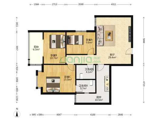 海升国际9号 3室1厅2卫 116平方