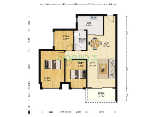 星河丹堤C区 3室2厅1卫 90平方