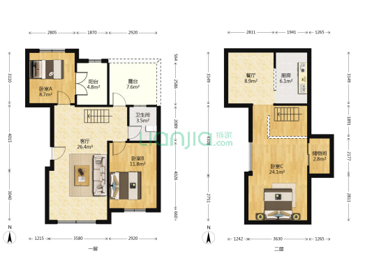 天一和院 3室2厅1卫 80平方
