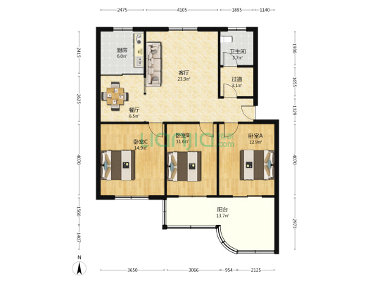黄河花园8组团 3室2厅1卫 115平方
