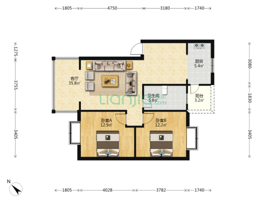 全鑫苑 2室1厅1卫 88平方