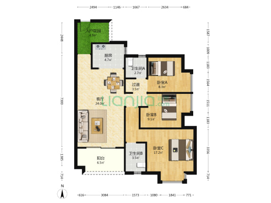 奶茶咖啡二期 3室1厅2卫 100平方