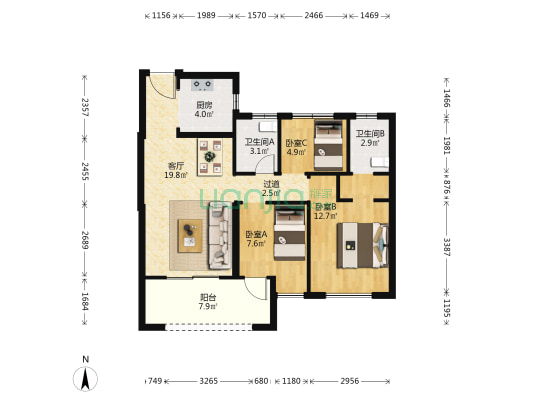 御珑景园 3室1厅2卫 90平方