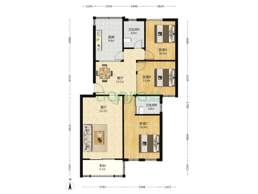 长恒苑 3室2厅2卫 115平方
