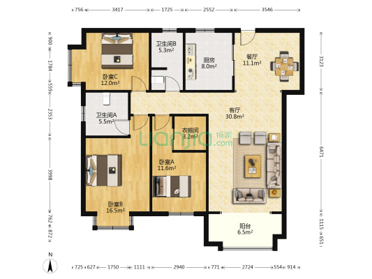 惠通才郡 3室2厅2卫 140平方