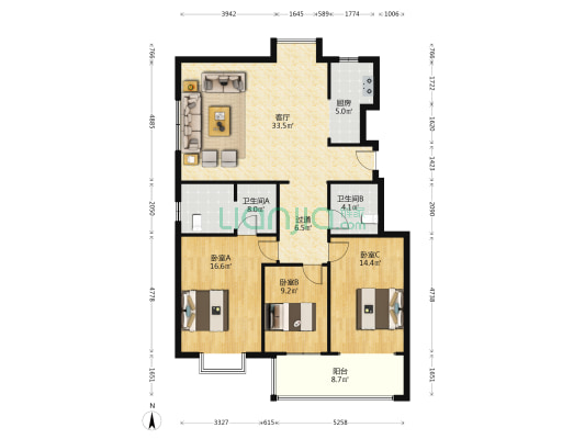 洪山苑 3室1厅2卫 131平方