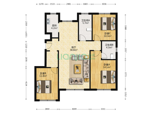 中海寰宇天下E区 3室1厅2卫 118平方