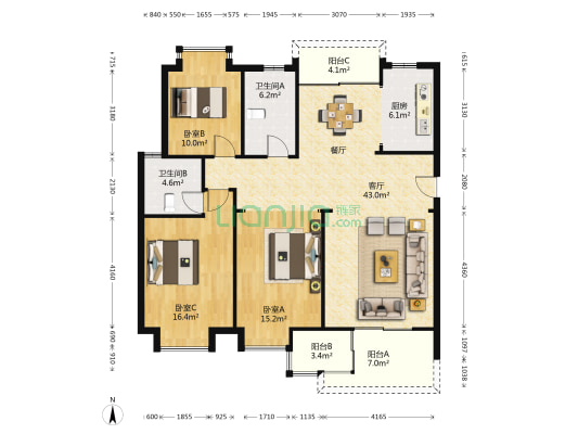 放鹤洲花园(1-7幢) 3室1厅2卫 128平方