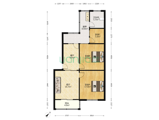 宝生街8号 3室2厅1卫 91平方