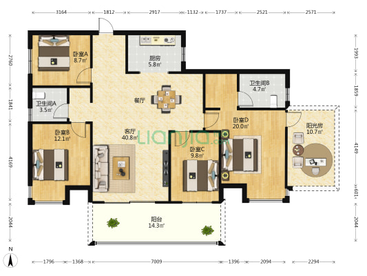 阿尔卑斯 4室1厅2卫 141平方