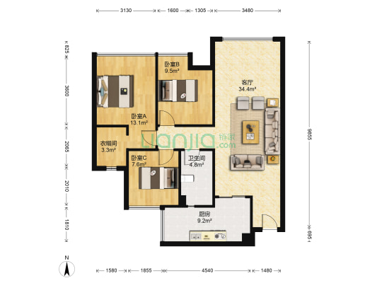 成华奥园广场二期 3室1厅1卫 91平方