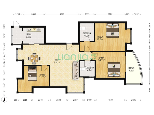 蓝天家园二期 3室1厅2卫 138平方