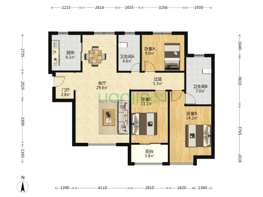黄金山水郡七区 3室1厅2卫 129平方