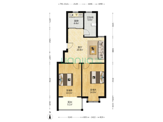 书香华庭 2室1厅1卫 80平方