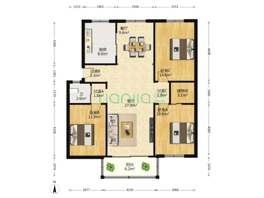 紫薇花园 3室2厅1卫 116平方