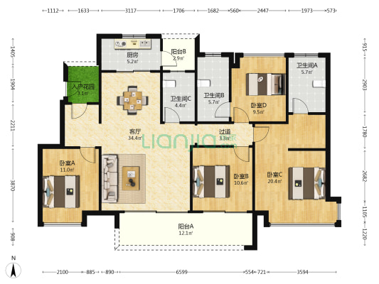 天马丽苑·悦璟湾 4室1厅3卫 140平方