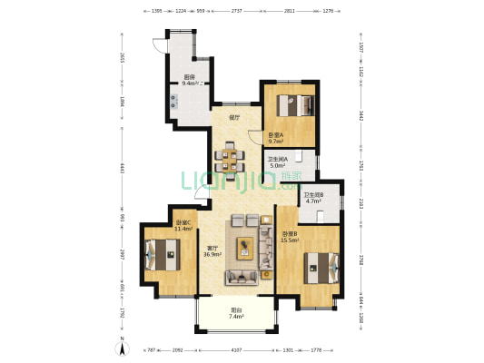 水岸峯景 3室1厅2卫 133平方