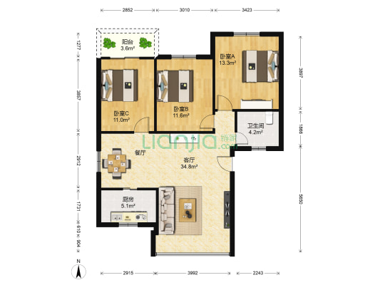 莲坂新小区 3室1厅1卫 102平方