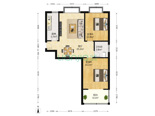 床单厂宿舍 2室1厅1卫 85平方