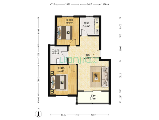 鑫唐绿波庭 2室1厅1卫 76平方