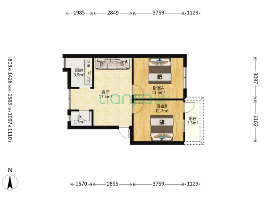 桃源路88-2号 2室1厅1卫 64平方