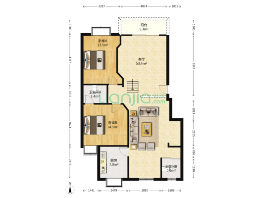 新世纪花园B区 2室1厅2卫 120平方
